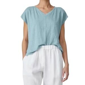 EILEEN FISHER Women’s Blue Organic Linen Slub Knit Jersey Vneck Tee